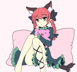 Rule 34 | 1girl, animal ears, asymmetrical legwear, bow, braid, cat ears, cat tail, dress, extra ears, hair bow, isaki (gomi), juliet sleeves, kaenbyou rin, knees together feet apart, light smile, long sleeves, multiple tails, nekomata, pillow, pointy ears, puffy sleeves, red eyes, red hair, sitting, solo, stuffed animal, stuffed toy, tail, teddy bear, touhou, twin braids, two tails, uneven legwear