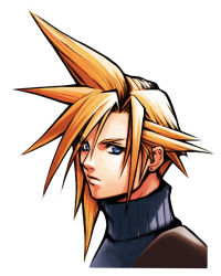 Rule 34 | 1990s (style), 1boy, androgynous, blonde hair, blue eyes, cloud strife, earrings, ehrgeiz, final fantasy, final fantasy vii, highres, jewelry, male focus, nomura tetsuya, official art, retro artstyle, solo, spiked hair, white background
