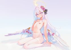 Rule 34 | 1girl, absurdres, angel wings, arm support, azusa (blue archive), blue archive, crossed bangs, dot nose, feathered wings, flat chest, flower, full body, gradient eyes, hair between eyes, hair flower, hair ornament, halo, hand on own chest, highres, linhangwei, long hair, looking at viewer, low wings, multicolored eyes, navel, nipple piercing, nude, pantyhose, piercing, purple eyes, sidelocks, sitting, thighband pantyhose, topless, wariza, white background, white hair, white pantyhose, wings, yellow halo