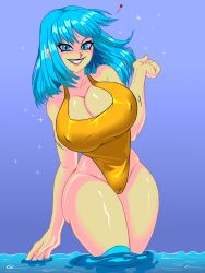 Rule 34 | 1girl, artist request, bare shoulders, blue eyes, blue hair, blue sky, bouncing breasts, breasts, cameltoe, casual one-piece swimsuit, cleavage, curvy, derivative work, dragon ball, dragonball z, happy, heart, highleg, highleg swimsuit, highres, large breasts, long hair, looking at viewer, maron (dragon ball), maron redraw challenge (meme), meme, meme attire, naughty face, one-piece swimsuit, screenshot redraw, seductive smile, shiny skin, sky, smile, solo, swimsuit, water, wide hips, yellow one-piece swimsuit