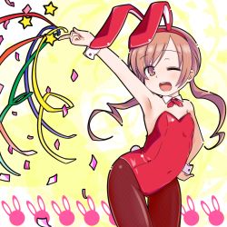 Rule 34 | 1girl, ;d, animal ears, armpits, bow, bowtie, brown eyes, brown hair, confetti, detached collar, fake animal ears, flat chest, highres, itou shiori, kurabayashi aya, long hair, mitsudomoe, one eye closed, open mouth, pantyhose, playboy bunny, rabbit ears, rabbit tail, smile, solo, tail, twintails, wink, wrist cuffs