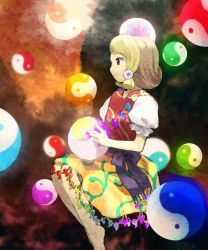Rule 34 | 1girl, barefoot, blonde hair, blue sash, brown eyes, brown hair, closed mouth, glowing, hair ornament, highres, holding, holding orb, invisible chair, jewelry, kaigen 1025, magatama, multicolored hair, orb, parted bangs, profile, puffy short sleeves, puffy sleeves, rainbow gradient, red vest, sash, shirt, short hair, short sleeves, sidelocks, sitting, skirt, smile, solo, tamatsukuri misumaru, tiara, touhou, two-tone hair, vest, white shirt, yellow skirt, yin yang, yin yang orb