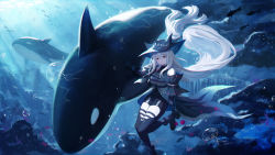 Rule 34 | 1girl, absurdres, air bubble, arknights, ascot, bad id, bad pixiv id, bare shoulders, baseness, black gloves, black pants, breasts, bubble, clothing cutout, commentary request, detached sleeves, floating hair, gloves, grey hair, hair between eyes, hat, highres, jellyfish, light rays, long hair, looking at viewer, low-tied long hair, orca, pants, parted lips, pink eyes, shirt, sidelocks, skadi (arknights), skadi (elite ii) (arknights), sleeveless, sleeveless shirt, sunbeam, sunlight, thigh cutout, underwater, very long hair