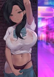 Rule 34 | 1girl, :q, absurdres, arm behind head, arm up, black hair, blue skirt, bow, bowtie, bra, bra visible through clothes, breasts, brown eyes, closed mouth, clothes pull, commission, crop top, hair over shoulder, highres, large breasts, long hair, looking at viewer, midriff, mr arme, naughty face, navel, original, outdoors, panties, pleated skirt, red panties, see-through, shirt, short sleeves, side-tie panties, skirt, skirt pull, smile, solo, stomach, string panties, tongue, tongue out, underwear, white bra, white shirt