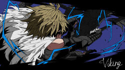 Rule 34 | 1boy, armor, black gloves, blonde hair, blue background, cape, electricity, fingerless gloves, fur trim, gauntlets, gloves, gran (granblue fantasy), granblue fantasy, greatsword, hair over one eye, highres, holding, holding sword, holding weapon, letterboxed, looking at viewer, male focus, matubara1207, red eyes, shield, short hair, simple background, solo, sword, upper body, vambraces, viking (granblue fantasy), weapon