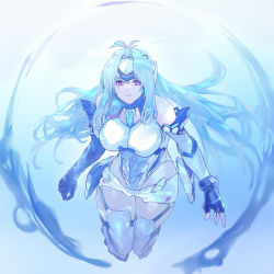 Rule 34 | 1girl, ahoge, android, awkward, bare shoulders, between breasts, blue hair, breasts, bubble, elbow gloves, female focus, floating, floating hair, forehead protector, gloves, hair between eyes, headgear, impossible clothes, kos-mos, kos-mos re:, large breasts, light, limited palette, long hair, looking at viewer, microskirt, miniskirt, negresco, nintendo, red eyes, shiny clothes, shiny skin, skirt, solo, solo focus, thighhighs, underwater, very long hair, water, xenoblade chronicles (series), xenoblade chronicles 2, xenosaga