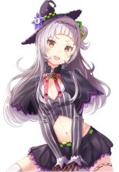 Rule 34 | 1girl, absurdres, bad id, bad pixiv id, blunt bangs, breasts, buttons, cone hair bun, gloves, groin, hair bun, hairband, hat, highres, hololive, light purple hair, long hair, long sleeves, looking at viewer, midriff, miniskirt, murasaki shion, murasaki shion (1st costume), navel, open mouth, pinstripe pattern, pinstripe shirt, shirt, single side bun, siokazunoko, skirt, small breasts, solo, star (symbol), striped clothes, striped shirt, teeth, upper teeth only, vertical-striped clothes, vertical-striped shirt, virtual youtuber, white background, witch hat