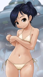 Rule 34 | 1girl, asymmetrical bangs, bare arms, bare shoulders, bikini, black hair, blurry, blurry background, brown eyes, cameltoe, closed mouth, collarbone, commentary request, depth of field, flat chest, gluteal fold, grey background, halterneck, head tilt, looking at viewer, navel, original, ponytail, robot, rohitsuka, side-tie bikini bottom, smile, solo, swimsuit, white bikini