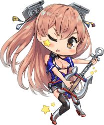 Rule 34 | 1girl, absurdres, anchor, bikini, black skirt, breasts, brown eyes, cleavage, electric guitar, full body, guitar, hair ornament, highres, instrument, jacket, johnston (kancolle), kantai collection, light brown hair, long hair, medium breasts, one eye closed, open clothes, open jacket, osananajimi neko, silver bikini, silver bikini top, skirt, thighhighs, two side up, white background