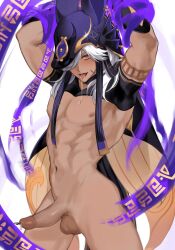 1boy animal_hat arm_tattoo arms_up black_shirt blush crop_top cyno_(genshin_impact) dark-skinned_male dark_skin genshin_impact grey_hair hair_over_one_eye hat highres long_hair male_focus muscular muscular_male navel nipples nude penis ra_gi_ren red_eyes saliva shirt solo stomach tattoo testicles tongue tongue_out white_hair