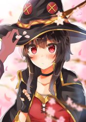 Rule 34 | 1girl, absurdres, black choker, black hair, blush, breasts, brown hair, cape, choker, collarbone, commentary request, dress, fingerless gloves, frown, gloves, hat, highres, kono subarashii sekai ni shukufuku wo!, looking at viewer, megumin, red dress, red eyes, short hair with long locks, solo focus, thighhighs, witch hat, yuno (suke yuno)