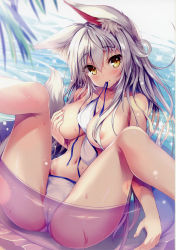 Rule 34 | 1girl, animal ear fluff, animal ears, areola slip, ass, bare legs, beach, bikini, blurry, blush, breasts, cameltoe, collarbone, covering breasts, covering privates, day, depth of field, fox ears, fox girl, fox tail, hair between eyes, hair censor, highres, innertube, large breasts, leaf, legs up, long hair, looking at viewer, mouth hold, navel, original, outdoors, scan, silver hair, smile, solo, swim ring, swimsuit, tail, tateha (marvelous grace), thighs, unworn bikini top, very long hair, water, wet, white bikini, yellow eyes