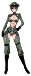 Rule 34 | 1girl, absurdres, beast anime, black bra, black gloves, black hair, bra, breasts, cleavage, closed mouth, covered erect nipples, full body, gloves, hand on own hip, hat, highres, large breasts, lingerie, looking at viewer, military, military hat, military uniform, navel, original, panties, pink panties, purple eyes, short hair, simple background, solo, underwear, uniform, white background
