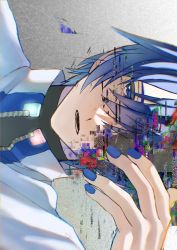 Rule 34 | 1boy, blue eyes, blue hair, glitch, hand over eye, hand up, highres, jacket, kaito (vocaloid), kusui mikuro, male focus, nail polish, open mouth, portrait, sideways, solo, static, vocaloid