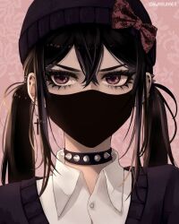 Rule 34 | 1girl, alternate costume, artist name, aubrey (omori), black hair, black hat, bow, buttons, choker, collar, collared shirt, commentary, cross, cross earrings, earrings, english commentary, floral background, hair between eyes, hat, highres, idawnrunner, jewelry, mask, mouth mask, omori, pink background, portrait, shirt, solo, spiked collar, spiked ear piercing, spikes, sweater, twintails, upper body, white shirt