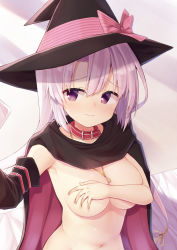 Rule 34 | 1girl, ayachi nene, black cloak, black hat, bow, breasts, cloak, collar, collarbone, covering breasts, covering privates, grey hair, hair between eyes, hat, hat bow, highres, large breasts, long hair, naked cloak, navel, pink bow, purple eyes, red collar, sanoba witch, segaxtu, selfie, solo, striped, striped bow, upper body, witch hat