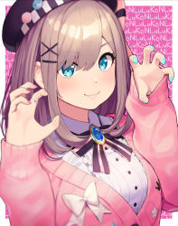 Rule 34 | 1girl, :3, text background, bad id, bad twitter id, badge, beret, blouse, blue eyes, blue nails, blush, border, bow, brooch, brown hair, button badge, buttons, cardigan, character name, claw pose, eyes visible through hair, hair ornament, hairclip, hands up, hat, hat bow, jewelry, lips, long hair, long sleeves, looking at viewer, multicolored nails, nail polish, nijisanji, omaru gyuunyuu, pink background, pink cardigan, pink nails, protected link, ring, shirt, smile, solo, straight hair, striped, striped bow, suzuhara lulu, upper body, virtual youtuber, white border, wing collar