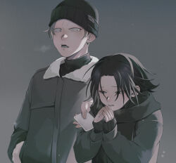Rule 34 | . ., 2boys, alternate costume, beanie, black hair, brown hair, feitan portor, hand in pocket, hat, hunter x hunter, jacket, male focus, multiple boys, no eyebrows, nora gates, outdoors, phinks magcub, scarf, tissue, upper body, warming hands, winter clothes