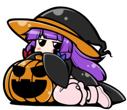Rule 34 | 1girl, black eyes, black hat, black robe, blue bow, blunt bangs, blush stickers, bow, chibi, commentary request, dress, eichi yuu, full body, hair bow, hat, jack-o&#039;-lantern, jitome, long sleeves, lowres, patchouli knowledge, pink dress, pink footwear, purple hair, red bow, robe, shoes, simple background, sitting, solo, touhou, wariza, white background, wide sleeves, witch hat