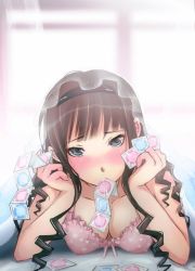 Rule 34 | 1girl, amagami, black eyes, blush, bra, breasts, brown hair, cleavage, condom, condom in mouth, condom packet strip, condom wrapper, curly hair, drill hair, funakura, highres, lingerie, long hair, lying, morishima haruka, mouth hold, on stomach, solo, underwear, veil