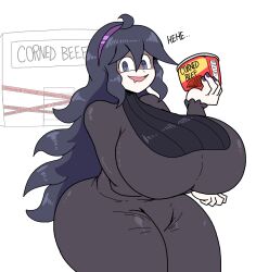 Rule 34 | 1girl, alternate breast size, breasts, can, canned food, creatures (company), game freak, hairband, hex maniac (pokemon), highres, holding, huge breasts, long hair, looking at viewer, nintendo, pandacubed, plump, pokemon, pokemon xy, solo, standing, thick thighs, thighs, wide hips