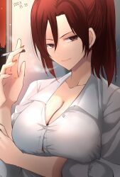 Rule 34 | 1girl, aozaki touko, breasts, buttons, cigarette, cleavage, closed mouth, commentary request, dated, fingernails, hair between eyes, highres, holding, holding cigarette, indoors, kara no kyoukai, large breasts, long hair, long sleeves, looking at viewer, orange nails, ponytail, red eyes, red hair, shirt, smile, smoke, smoking, solo, vent vert (kuuya), white shirt, window