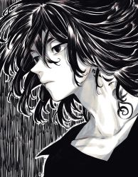 Rule 34 | 1boy, absurdres, closed mouth, collarbone, floating hair, greyscale, hair between eyes, highres, jitome, lips, looking afar, male focus, medium hair, monochrome, neck tattoo, pizza oisii6, portrait, sano manjirou, tattoo, tokyo revengers