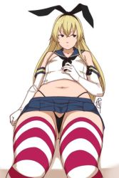 Rule 34 | 10s, 1girl, blonde hair, breasts, elbow gloves, g-string, ganto, gloves, kantai collection, long hair, navel, plump, shimakaze (kancolle), simple background, small breasts, solo, thick thighs, thighhighs, thighs, thong