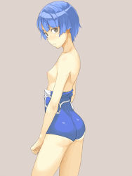 Rule 34 | 10s, 1girl, ano natsu de matteru, ass, blue eyes, blue hair, blush, breasts, clothes pull, embarrassed, ishinoyari, looking at viewer, matching hair/eyes, nipples, nose blush, one-piece swimsuit, one-piece swimsuit pull, short hair, simple background, small breasts, solo, swimsuit, tanigawa kanna, wavy mouth