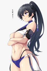 Rule 34 | &gt;:), 163 (shiromeshi), 1girl, absurdres, areola slip, arm pouch, arm strap, arms under breasts, bare shoulders, bikini, black hair, blue bikini, blue eyes, blue gloves, blue ribbon, breasts, cameltoe, cleft of venus, closed mouth, commentary request, covered erect nipples, cowboy shot, crossed arms, crossed bangs, dolphin wave, from below, from side, gloves, grey background, groin, hagane otsuki, hair between eyes, hair ribbon, high ponytail, highres, light smile, long hair, looking ahead, medium breasts, multi-strapped bikini bottom, navel, paid reward available, ponytail, pouch, ribbon, simple background, solo, standing, stomach, swimsuit, translation request, two-tone gloves, two-tone ribbon, underboob, v-shaped eyebrows, very long hair, white gloves, white ribbon