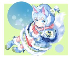 Rule 34 | 1girl, animal ears, bad id, bad pixiv id, blue eyes, blue hair, boots, coat, full body, fur-trimmed boots, fur-trimmed coat, fur trim, hat, koyomi (shironeko project), mittens, parted lips, pennin555, quad braids, scarf, shironeko project, tail, winter clothes, winter coat, wolf ears, wolf tail