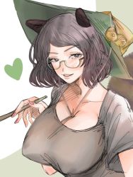 Rule 34 | 1girl, animal ears, breasts, bright pupils, brown eyes, brown hair, cleavage, collarbone, futatsuiwa mamizou, glasses, hand up, heart, holding, holding smoking pipe, kiseru, large breasts, light smile, looking at viewer, nail polish, parted lips, raccoon ears, raccoon tail, red nails, semi-rimless eyewear, short hair, short sleeves, simple background, sketch, smoking pipe, solo, swept bangs, tail, touhou, upper body, white background, white pupils