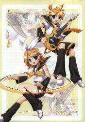 Rule 34 | 1boy, 1girl, blonde hair, brother and sister, detached sleeves, guitar, hair ornament, hairpin, headset, highres, instrument, kagamine len, kagamine rin, morisaki kurumi, scan, scan artifacts, shorts, siblings, twins, vocaloid