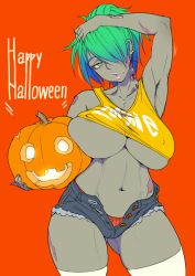 Rule 34 | 1girl, arm over head, armpits, bad id, bad pixiv id, beige eyes, blue hair, breasts, collarbone, commentary request, covered erect nipples, crop top, dark-skinned female, dark skin, denim, denim shorts, earrings, english text, gradient hair, green hair, hair over one eye, halloween, happy halloween, jack-o&#039;-lantern, jewelry, large breasts, micro shorts, mikoyan, multicolored hair, navel, neck, open clothes, open shorts, orange background, orange panties, original, pale eye, pale skin, panties, parted lips, pink lips, pumpkin, short hair, shorts, simple background, solo, standing, stomach, thighhighs, thighs, torn clothes, torn shorts, underboob, underwear, white thighhighs, wide hips, zombie