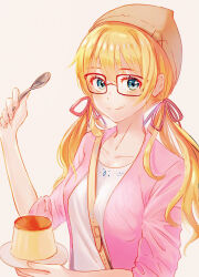 Rule 34 | 1girl, blonde hair, blue eyes, brown-framed eyewear, brown headwear, caramel, cardigan, closed mouth, collarbone, commentary, creme caramel, food, glasses, hair between eyes, hair ribbon, highres, holding, holding plate, holding spoon, licking lips, looking at viewer, low twintails, original, pink cardigan, pink ribbon, plate, pudding, ribbon, shirt, simple background, sleeves past elbows, smile, solo, spoon, strap, t-shirt, tongue, tongue out, twintails, uni sirasu, upper body, wavy hair, white background, white shirt
