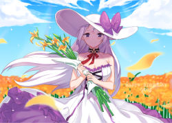 Rule 34 | 1girl, absurdres, artist request, blush, dress, english text, floral background, flower, frilled dress, frills, hat, highres, levia (closers), long hair, purple eyes, white dress, white hair