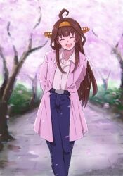 Rule 34 | 1girl, :d, ahoge, arms behind back, belt, black belt, brown hair, casual, cherry blossoms, cherry tree, closed eyes, denim, dress shirt, facing viewer, falling petals, happy, headgear, highres, jacket, jeans, kantai collection, kongou (kancolle), kongou kai ni (kancolle), ld (luna dial398), long hair, official alternate costume, open clothes, open jacket, open mouth, outdoors, pants, petals, pink jacket, shirt, smile, solo, stone walkway, teeth, upper teeth only, white shirt