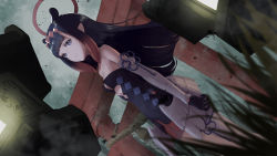 Rule 34 | 1girl, arimoto wataru, bare shoulders, black dress, black gloves, blue eyes, blunt bangs, blurry, blurry foreground, closed mouth, commentary, depth of field, dress, dutch angle, gloves, grass, hair ornament, halo, highres, hololive, hololive english, long hair, looking at viewer, multicolored hair, ninomae ina&#039;nis, orange hair, outdoors, purple hair, smile, solo, standing, straight hair, strapless, strapless dress, tentacle hair, tentacles, torii, two-tone hair, virtual youtuber, wind