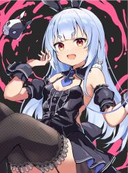 Rule 34 | 1girl, :d, absurdres, animal ears, arm garter, asktyuni, bare shoulders, black dress, blue hair, blunt bangs, commentary request, detached collar, don-chan (usada pekora), dress, fake animal ears, fishnet thighhighs, fishnets, garter straps, hairband, highres, hololive, long hair, looking at viewer, mask, unworn mask, official alternate costume, open mouth, rabbit ears, rabbit mask, red eyes, sleeveless, sleeveless dress, smile, solo, thick eyebrows, thighhighs, usada pekora, usada pekora (furi furi bunny dress), virtual youtuber, wrist cuffs
