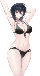 Rule 34 | 1girl, absurdres, ahoge, armpits, arms up, bikini, black bikini, black hair, blue eyes, blush, breasts, cleavage, commentary, cowboy shot, foxie30, grin, highres, large breasts, long hair, looking at viewer, navel, original, simple background, smile, solo, standing, stomach, sweat, swimsuit, thighs, white background, yokoyama ishimi