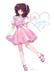 Rule 34 | 1girl, absurdres, blush, brown hair, character name, commentary request, dress, english text, hair ribbon, heart, high heels, highres, likauce, liyuu, long hair, looking at viewer, pink dress, pink footwear, real life, red eyes, ribbon, short hair, signature, solo, star (symbol), twintails, voice actor, white legwear
