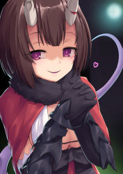 Rule 34 | 1girl, black bow, black gloves, blunt bangs, blurry, blurry background, bow, breasts, broken horn, brown hair, capelet, cleavage, demon girl, eriko (princess connect!), evil smile, fur-trimmed capelet, fur trim, gloves, hands up, heart, horns, interlocked fingers, large breasts, looking at viewer, parted lips, princess connect!, purple eyes, red capelet, shaded face, short hair, smile, solo, symbol-shaped pupils, tail, tail raised, umarutsufuri, upper body