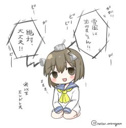Rule 34 | 10s, 1girl, :3, brown eyes, brown hair, dress, highres, kantai collection, long sleeves, open mouth, sailor dress, short hair, simple background, solo, translation request, tsuchihara ai, twitter username, white background, yukikaze (kancolle)