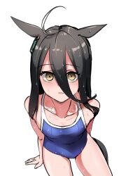Rule 34 | absurdres, alternate costume, animal ears, bare arms, bare legs, bare shoulders, black hair, blue one-piece swimsuit, blush, collarbone, commentary request, earrings, from above, hair between eyes, highres, horse ears, horse girl, horse tail, jewelry, kakuteru sudachi, long hair, looking at viewer, manhattan cafe (umamusume), one-piece swimsuit, school swimsuit, single earring, sitting, swimsuit, tail, umamusume, wet, yellow eyes