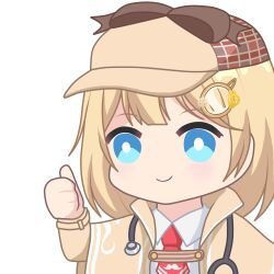 Rule 34 | 1girl, aprob (meme), blonde hair, blue eyes, bow, bright pupils, brown hat, chibi, coat, collared shirt, deerstalker, hair ornament, hat, hat bow, hololive, hololive english, meme, multicolored clothes, multicolored hat, necktie, red necktie, shirt, short hair, short necktie, smile, solo, stethoscope, thumbs up, upper body, virtual youtuber, watson amelia, watson amelia (1st costume), white pupils, white shirt, yellow coat, zephylyne