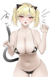 Rule 34 | 1girl, animal ears, bad id, bad twitter id, bare shoulders, bikini, black bikini, blonde hair, blush, breasts, cat ears, cat tail, cleavage, cowboy shot, hands up, highres, large breasts, looking at viewer, mole, mole on breast, mole on crotch, navel, norunollu, open mouth, original, red eyes, short hair, simple background, solo, swimsuit, tail, twintails, white background