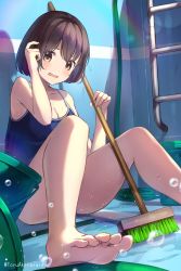Rule 34 | 1girl, akira tooru, arm up, artist name, barefoot, black hair, blue one-piece swimsuit, blush, breasts, broom, brown eyes, bucket, cleaning, cleaning brush, cleavage, commentary request, day, empty pool, feet, flying sweatdrops, foreshortening, hair ornament, hairclip, hand up, highres, holding, holding broom, hose, knees up, looking at viewer, medium breasts, one-piece swimsuit, open mouth, original, outdoors, pool, pool ladder, revision, school swimsuit, short hair, sitting, soap bubbles, soles, solo, swimsuit, toes