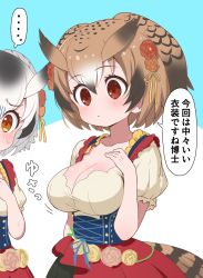 Rule 34 | ..., 2girls, arm at side, bird tail, black hair, breast envy, breasts, brown hair, chibi, cleavage, commentary request, corset, dirndl, eurasian eagle owl (kemono friends), flower, frills, furrowed brow, german clothes, gloom (expression), grey hair, hair between eyes, hair flower, hair ornament, hand on own chest, hand up, height difference, highres, kemono friends, looking at another, looking down, medium hair, multicolored hair, multiple girls, northern white-faced owl (kemono friends), official alternate costume, orange eyes, owl ears, parted lips, ransusan, red eyes, short sleeves, solo focus, spoken ellipsis, tail, translation request, underbust, upper body, white background