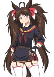 Rule 34 | 1girl, ahoge, animal ears, belt, black gloves, black nails, black sailor collar, bow, bright pupils, brown hair, commentary, cowboy shot, crossed belts, dream journey (racehorse), ear bow, fingerless gloves, frown, fukuro (maruaru00), furrowed brow, genderswap, genderswap (mtf), gloves, hair bow, hand on own hip, highres, horse ears, horse girl, long hair, long sleeves, looking down, messy hair, multicolored sailor collar, neckerchief, original, personification, purple bow, purple eyes, red bow, red neckerchief, red skirt, sailor collar, simple background, skirt, solo, tabard, thighhighs, twintails, umamusume, v-shaped eyebrows, very long hair, white background, white thighhighs, yellow sailor collar
