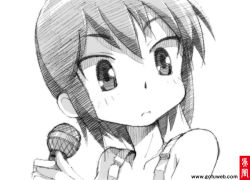 Rule 34 | 1girl, a channel, bare shoulders, female focus, gofu, greyscale, ichii tooru, microphone, monochrome, short hair, sketch, solo, spot color, traditional media, white background